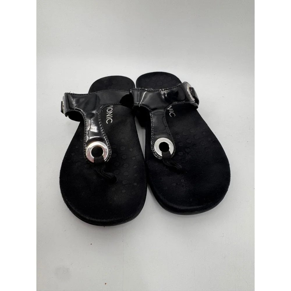 Vionic Lana Sandals Women Size 9 Black Patent Orthopedic Thong Flip Flops